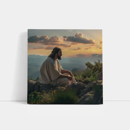 Jesus Sitting on Mountain at Sunset