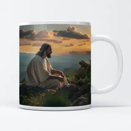 Jesus Sitting on Mountain at Sunset