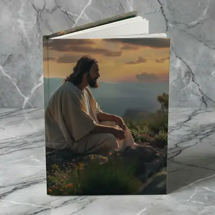 Jesus Sitting on Mountain at Sunset
