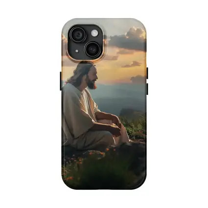 Jesus Sitting on Mountain at Sunset