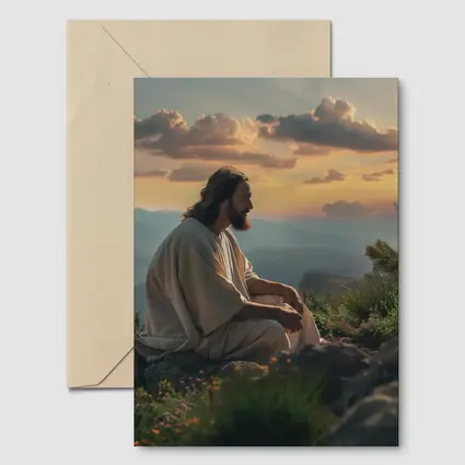 Jesus Sitting on Mountain at Sunset