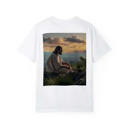 Jesus Sitting on Mountain at Sunset