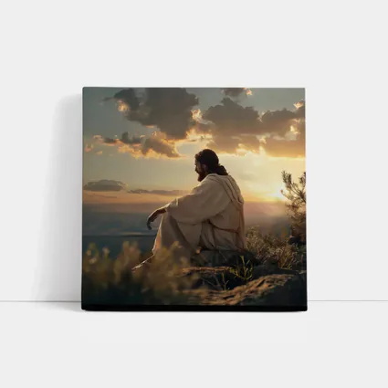 Jesus Sitting on Rock at Sunset