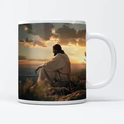 Jesus Sitting on Rock at Sunset