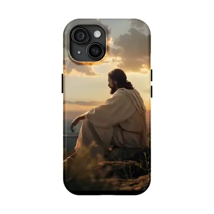 Jesus Sitting on Rock at Sunset