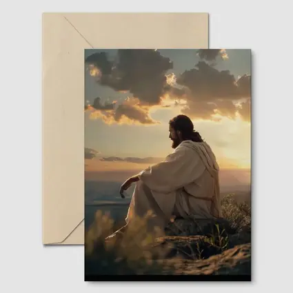 Jesus Sitting on Rock at Sunset