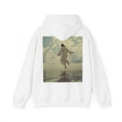Jesus Rising Above Water Cloudy Sky