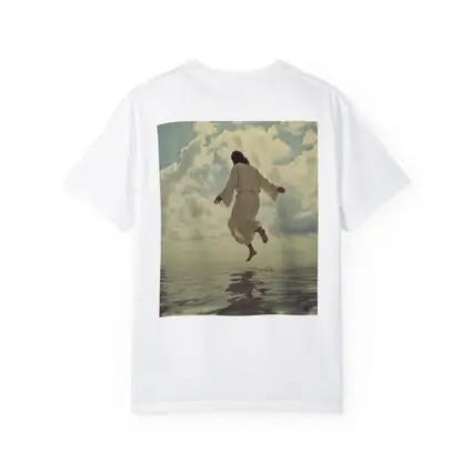 Jesus Rising Above Water Cloudy Sky