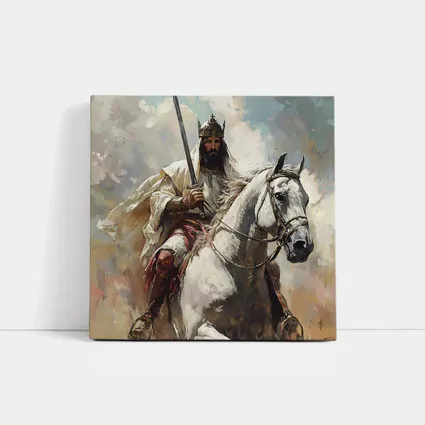 King on White Horse Sword Oil Painting