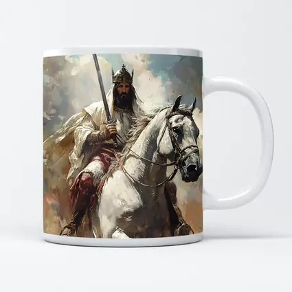 King on White Horse Sword Oil Painting