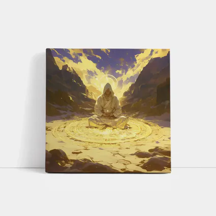 Hooded Mystic Meditating Golden Glowing Circle Canyon