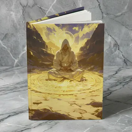 Hooded Mystic Meditating Golden Glowing Circle Canyon