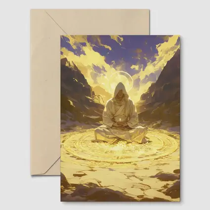 Hooded Mystic Meditating Golden Glowing Circle Canyon