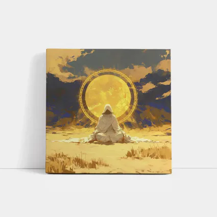 Hooded Figure Meditating Golden Sun Desert