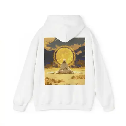 Hooded Figure Meditating Golden Sun Desert