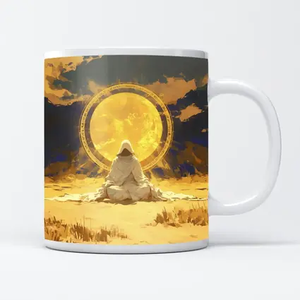 Hooded Figure Meditating Golden Sun Desert