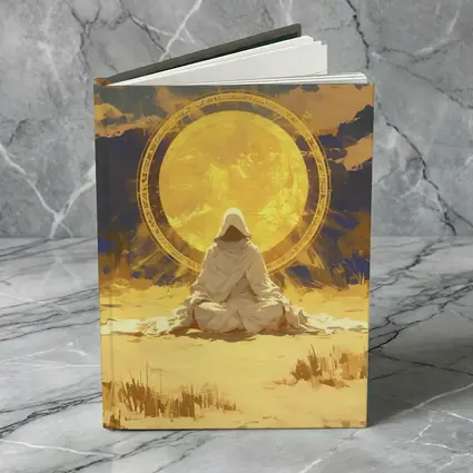 Hooded Figure Meditating Golden Sun Desert