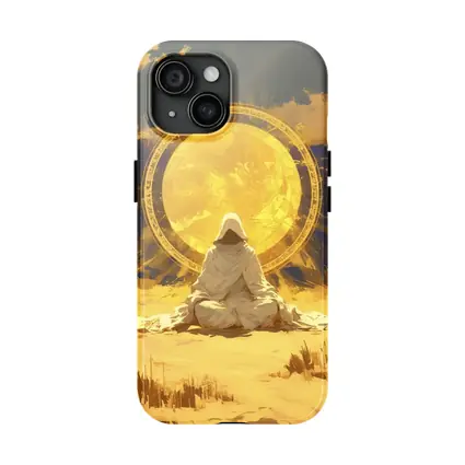 Hooded Figure Meditating Golden Sun Desert