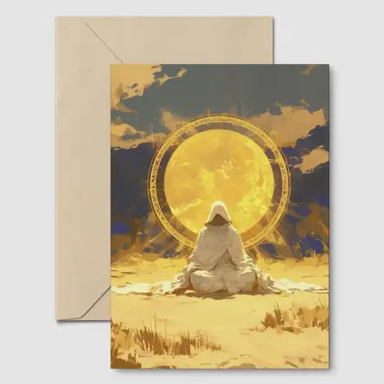 Hooded Figure Meditating Golden Sun Desert