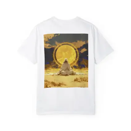 Hooded Figure Meditating Golden Sun Desert