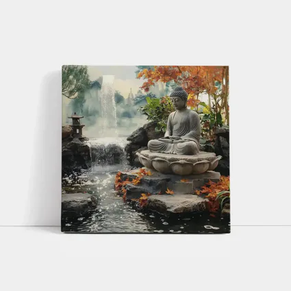 Buddha Statue Lotus Waterfall Autumn Garden