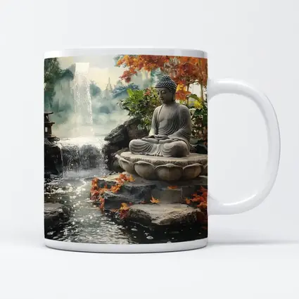 Buddha Statue Lotus Waterfall Autumn Garden