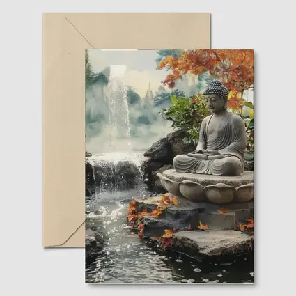 Buddha Statue Lotus Waterfall Autumn Garden