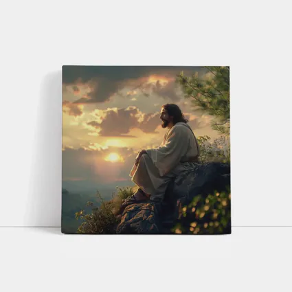 Jesus Sitting on Rock at Sunset