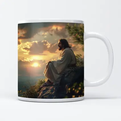 Jesus Sitting on Rock at Sunset