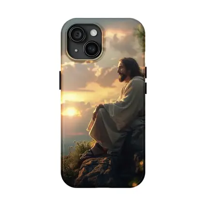 Jesus Sitting on Rock at Sunset