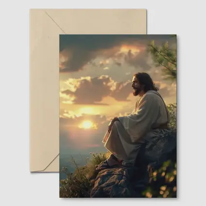 Jesus Sitting on Rock at Sunset