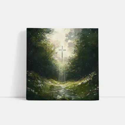 Christian Cross Glowing Forest Path Painting