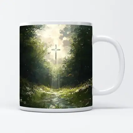 Christian Cross Glowing Forest Path Painting