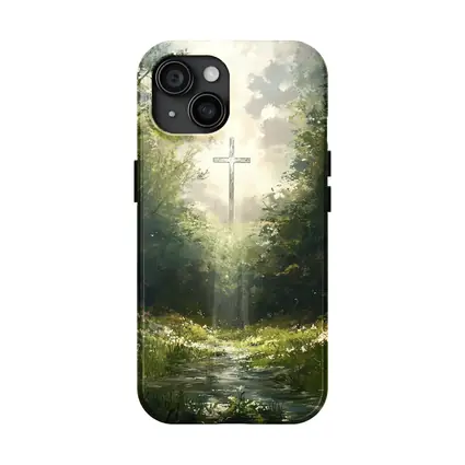 Christian Cross Glowing Forest Path Painting