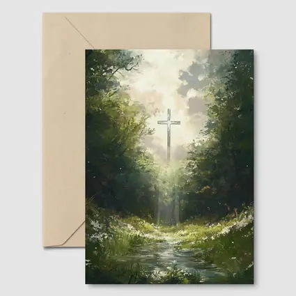 Christian Cross Glowing Forest Path Painting