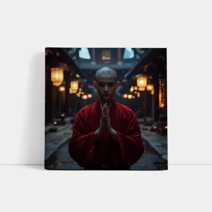 Buddhist Monk Praying in Temple Courtyard