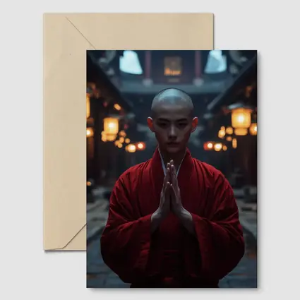 Buddhist Monk Praying in Temple Courtyard
