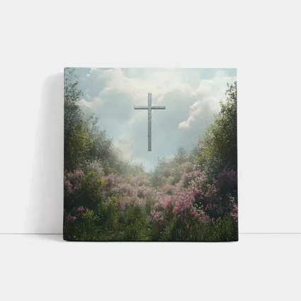 Christian Cross Floating Over Pink Wildflower Garden