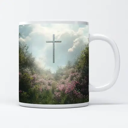 Christian Cross Floating Over Pink Wildflower Garden