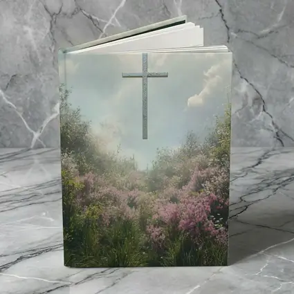 Christian Cross Floating Over Pink Wildflower Garden