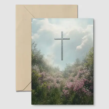 Christian Cross Floating Over Pink Wildflower Garden