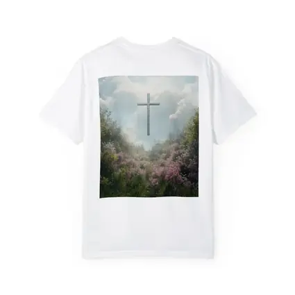 Christian Cross Floating Over Pink Wildflower Garden