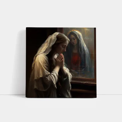 Woman Praying Before Virgin Mary Window