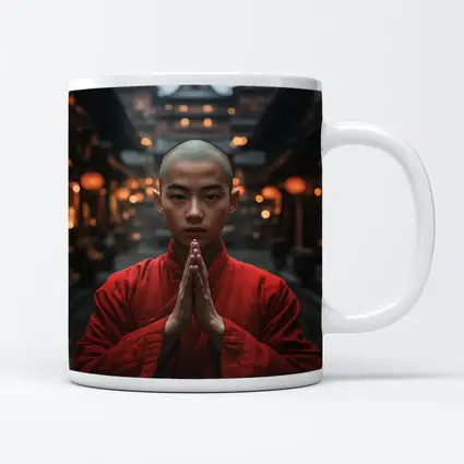 Young Buddhist Monk Praying Temple Lanterns