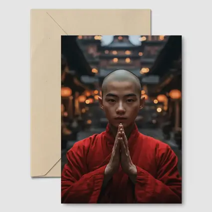 Young Buddhist Monk Praying Temple Lanterns