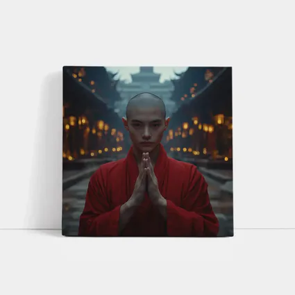 Young Buddhist Monk Praying Temple Lanterns