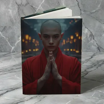 Young Buddhist Monk Praying Temple Lanterns