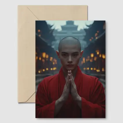 Young Buddhist Monk Praying Temple Lanterns