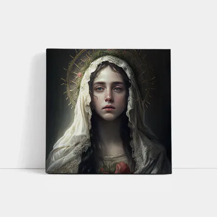Virgin Mary Portrait Gold Halo Dark Background