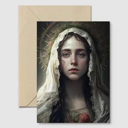 Virgin Mary Portrait Gold Halo Dark Background